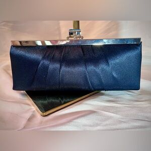 GUNNE SAX Clutch Blue Satin Fabric Silver Hardware, Clasp & Ornate Chain. NWOT